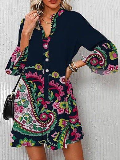 Women's 2026 Boho Babydoll Dress with 3/4 Ruffle Sleeves
