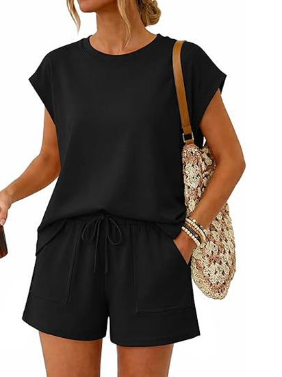 Women's 2-Piece Crew Neck Cap Sleeve Short Set with Pocket