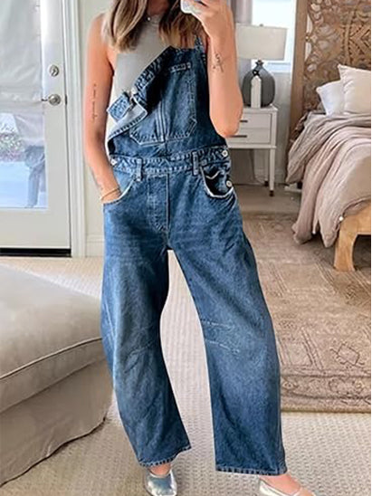 Women's Barrel Leg Denim Overalls with Pockets