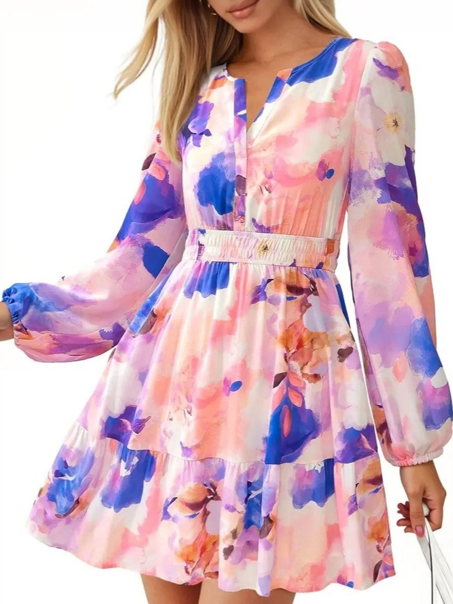 Women's Watercolor Floral Smocked Waist Dress