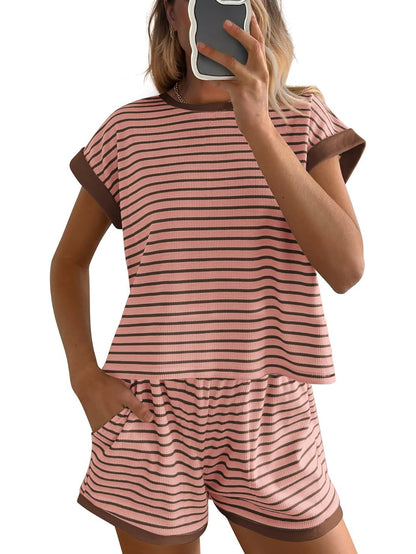 Women's 2 Piece Ribbed Striped Short Sets