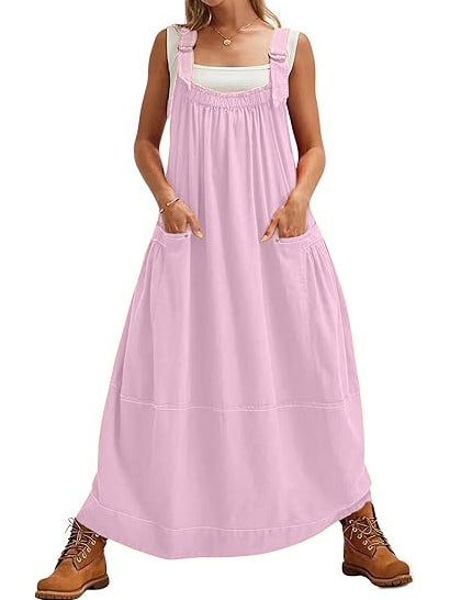Adjustable Strap Barrel Overall Dress with Pockets