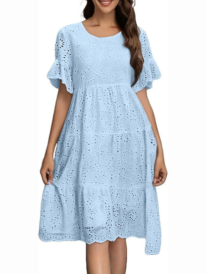 Eyelet Flutter Sleeve Tiered Midi Dress