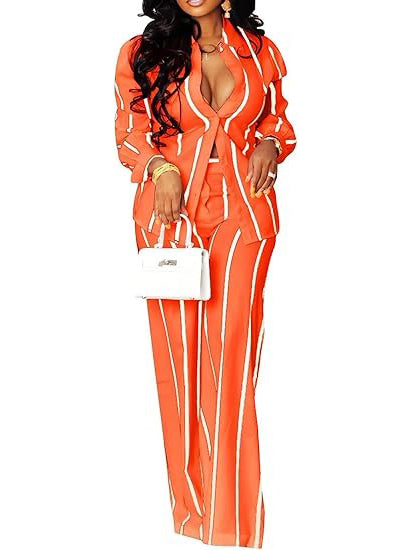 Women's Casual Striped Long Sleeve Two Piece Outfit