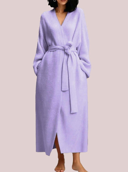Women's Plush Knitted Long Robe with Waist Belt