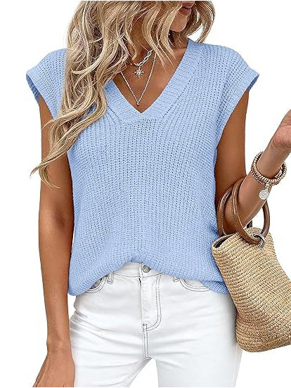 Women's V-Neck Knit Cap Sleeve Sweater Vest