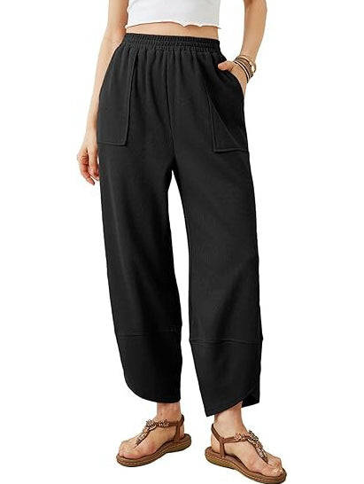 Women's Elastic Waist Wide Leg Harem Pants with Pockets
