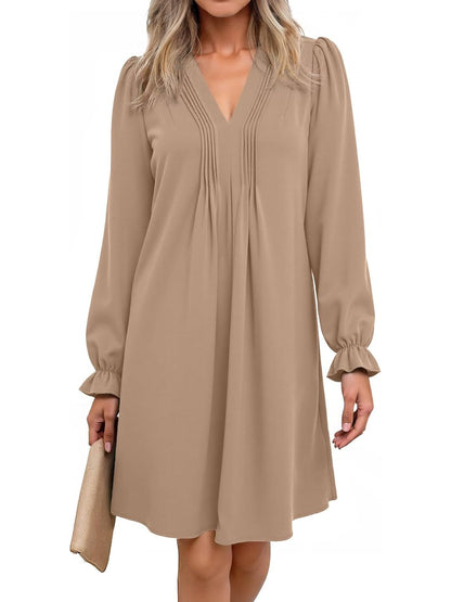 Women's V Neck Long Sleeve Ruffle Classic Dress