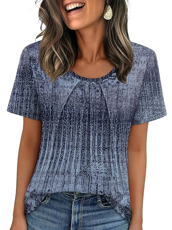 Summer Pleated Neck Short Sleeve Loose Casual Blouse