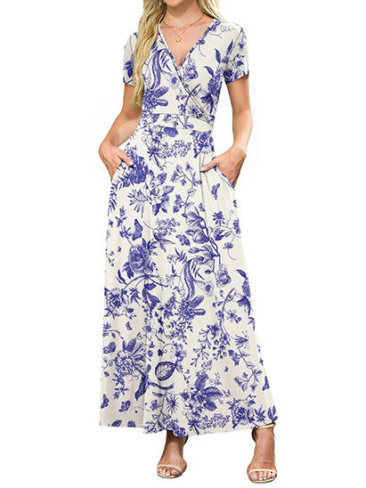 Women's V Neck Floral Print Flowy Maxi Dress with Pockets