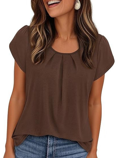 Summer Pleated Neck Short Sleeve Loose Casual Blouse