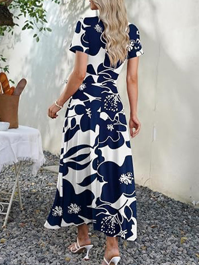 Women's V Neck Floral Print Flowy Maxi Dress with Pockets