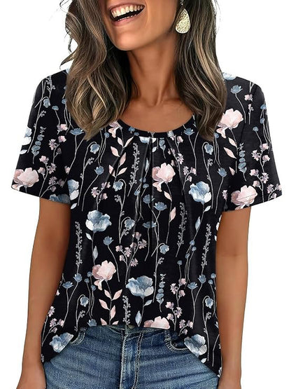 Summer Pleated Neck Short Sleeve Loose Casual Blouse