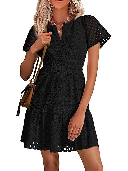Women's V Neck Smocked Waist Eyelet Dress