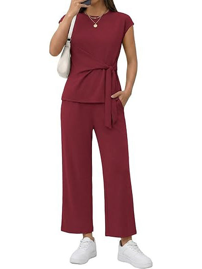 Women's Casual Cap Sleeve Wrap Waist Matching Set