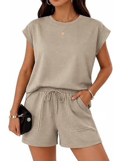 Women's 2-Piece Crew Neck Cap Sleeve Short Set with Pocket