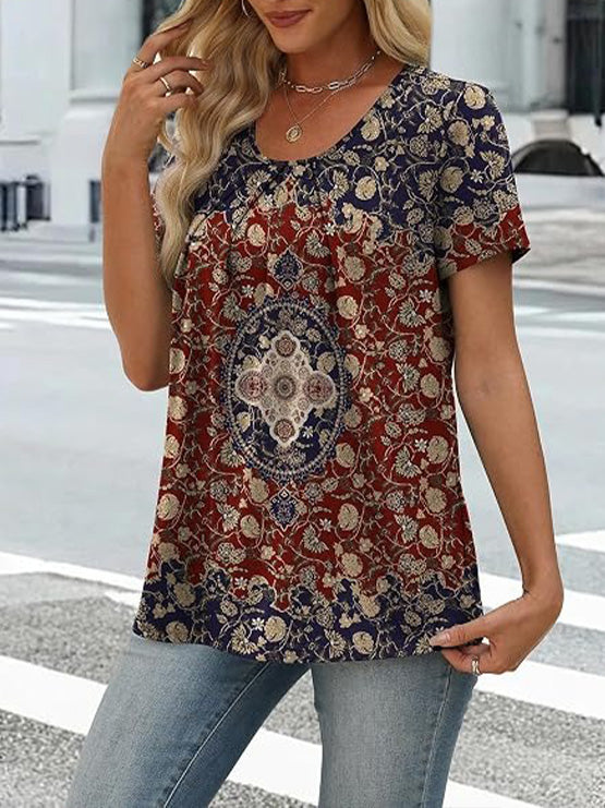 Summer Pleated Neck Short Sleeve Loose Casual Blouse
