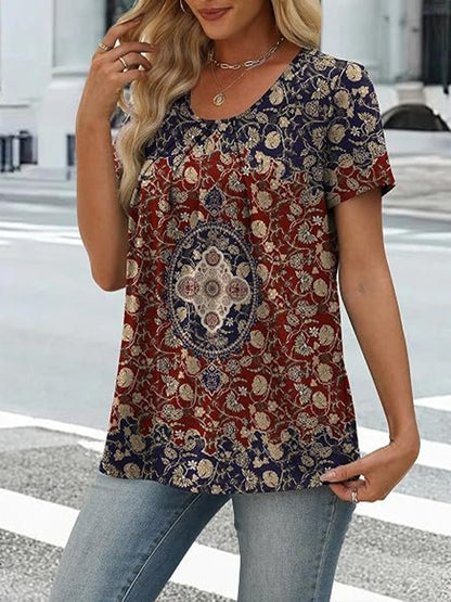 Summer Pleated Neck Short Sleeve Loose Casual Blouse