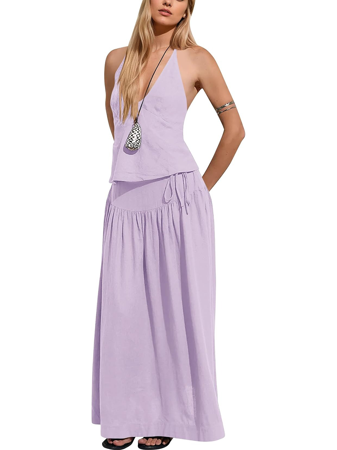 Women's Deep V‑Neck Halter Matching Skirt Set