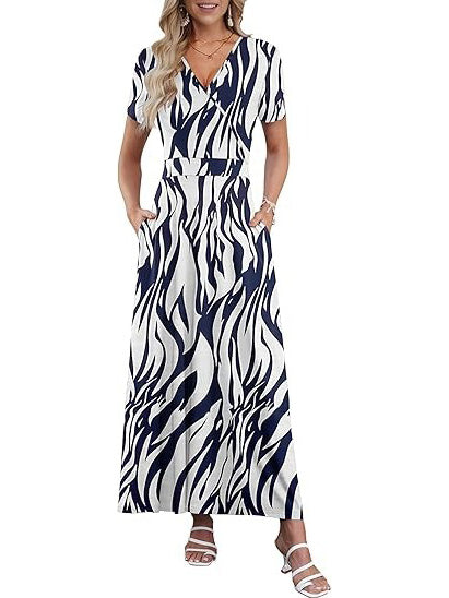 Women's V Neck Floral Print Flowy Maxi Dress with Pockets