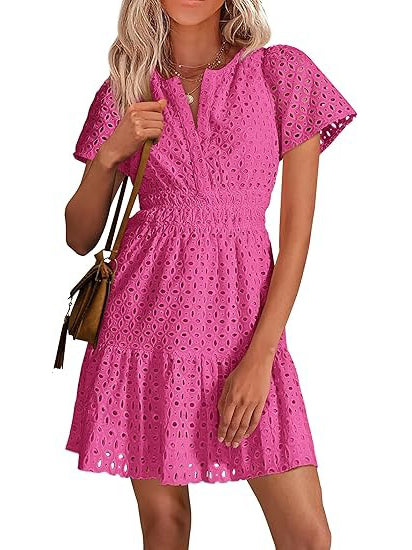 Women's V Neck Smocked Waist Eyelet Dress