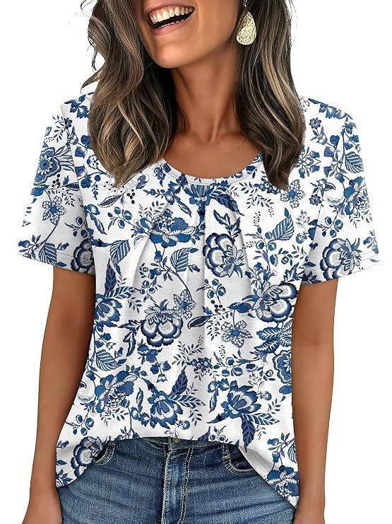 Summer Pleated Neck Short Sleeve Loose Casual Blouse