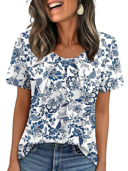 Summer Pleated Neck Short Sleeve Loose Casual Blouse