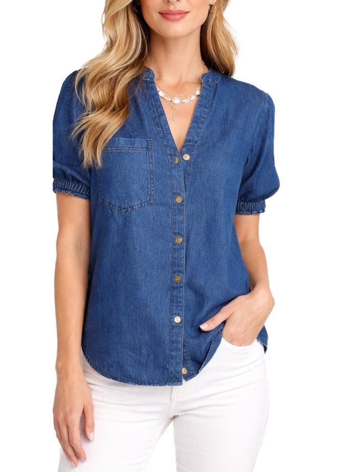 Women's Half-Button Denim Puff Sleeve Top