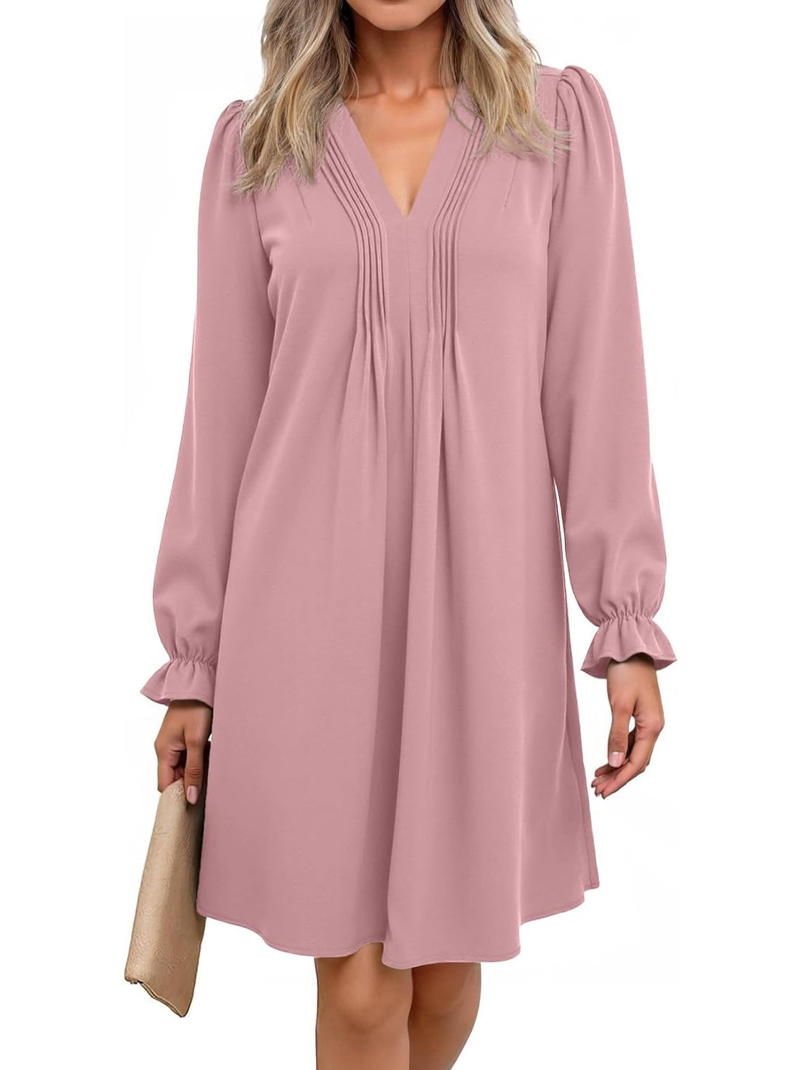 Women's V Neck Long Sleeve Ruffle Classic Dress
