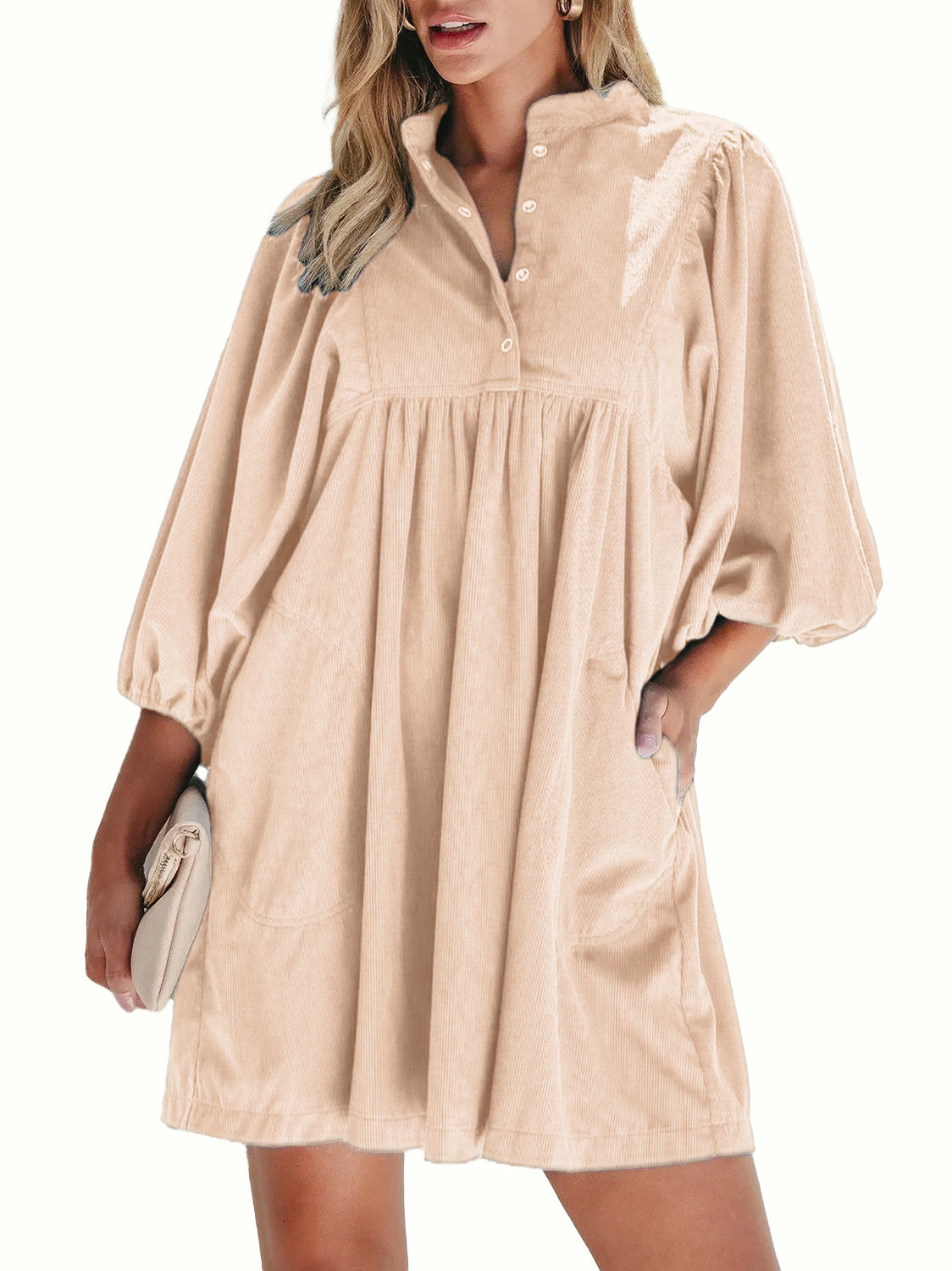 Women Snap Button Corduroy Puff-sleeve Dress