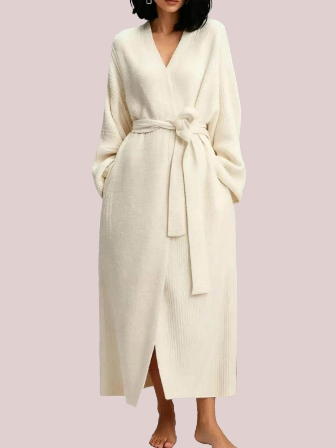 Women's Plush Knitted Long Robe with Waist Belt