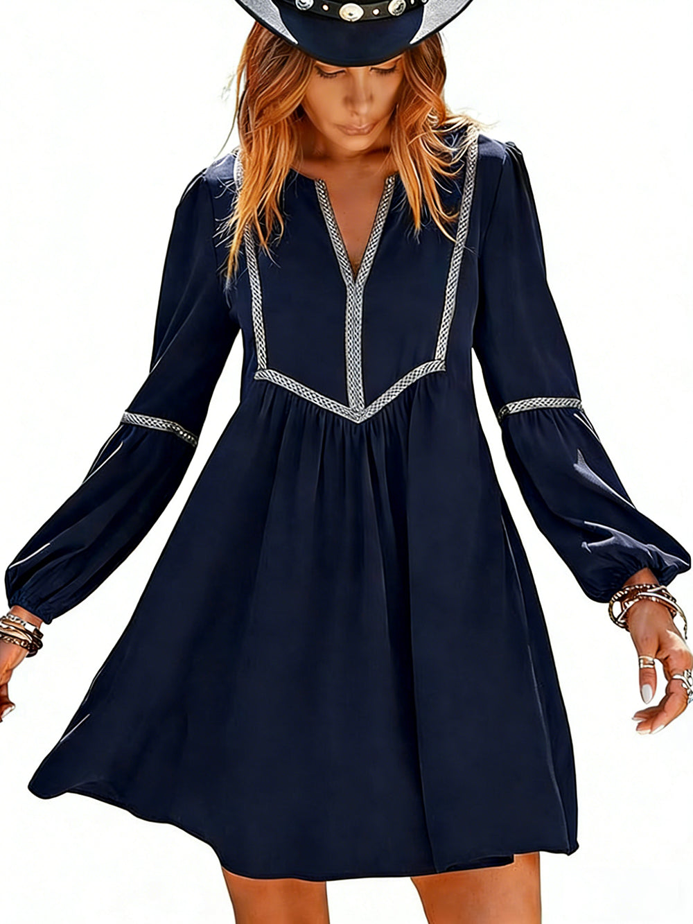 Women's Ruched Notched Long Sleeve Mini Dress