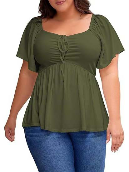 Womens Flutter Short Sleeve Shirred Peplum Plus Size Top