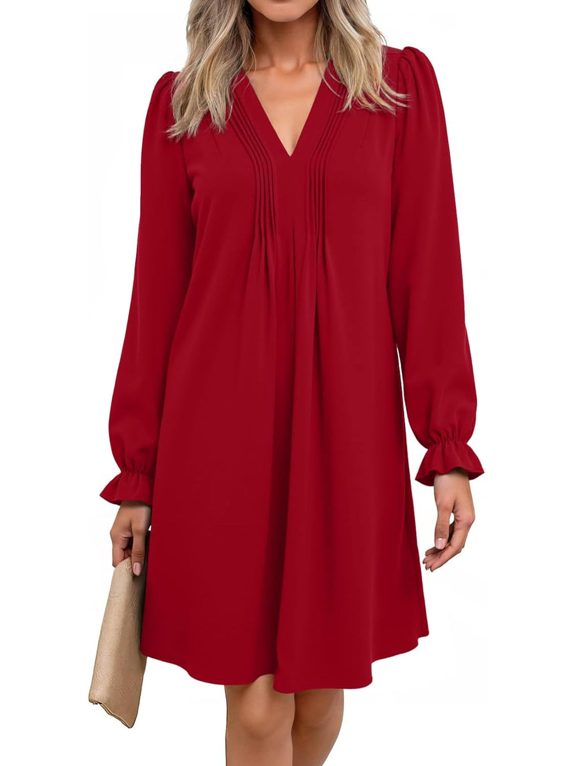 Women's V Neck Long Sleeve Ruffle Classic Dress