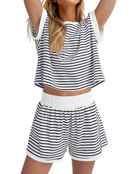 Women's 2 Piece Ribbed Striped Short Sets
