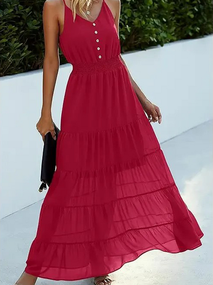 Women's Spaghetti Strap V-Neck Tiered Maxi Dress