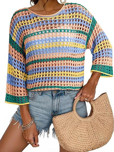 Women's 3/4 Sleeve Hollow Out Color Block Striped Tops