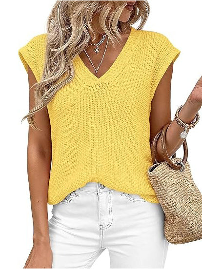 Women's V-Neck Knit Cap Sleeve Sweater Vest