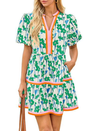 Women's V Neck Floral Dress Short Puff Sleeve Boho Dresses