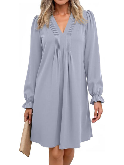 Women's V Neck Long Sleeve Ruffle Classic Dress
