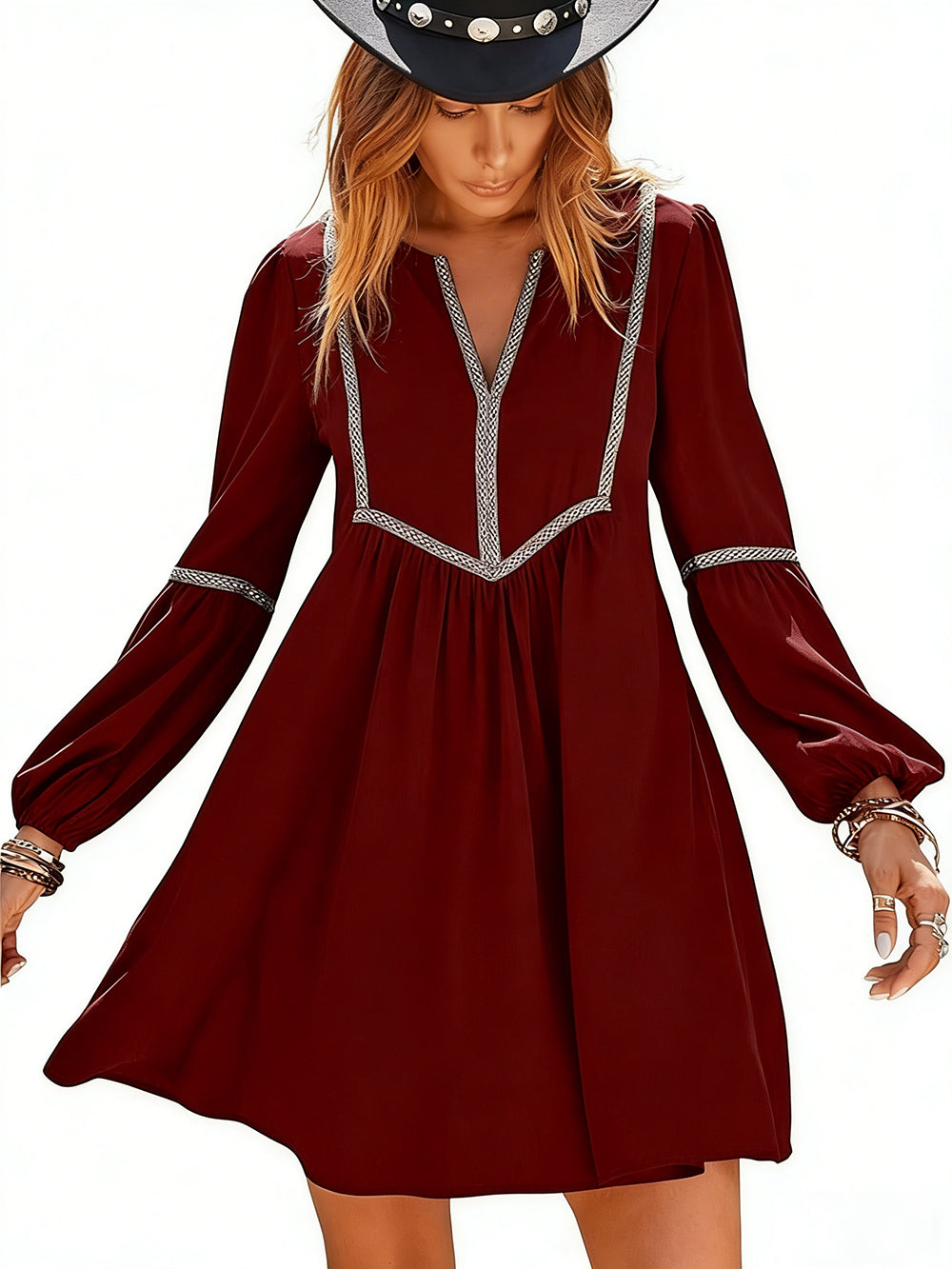 Women's Ruched Notched Long Sleeve Mini Dress