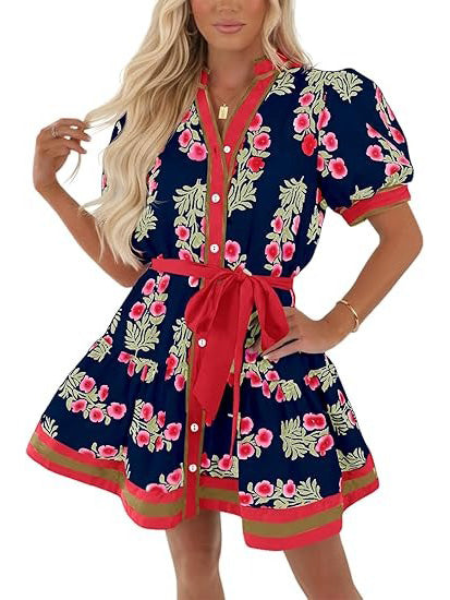 Women's Contrast Trim Floral Waist Tie Dress