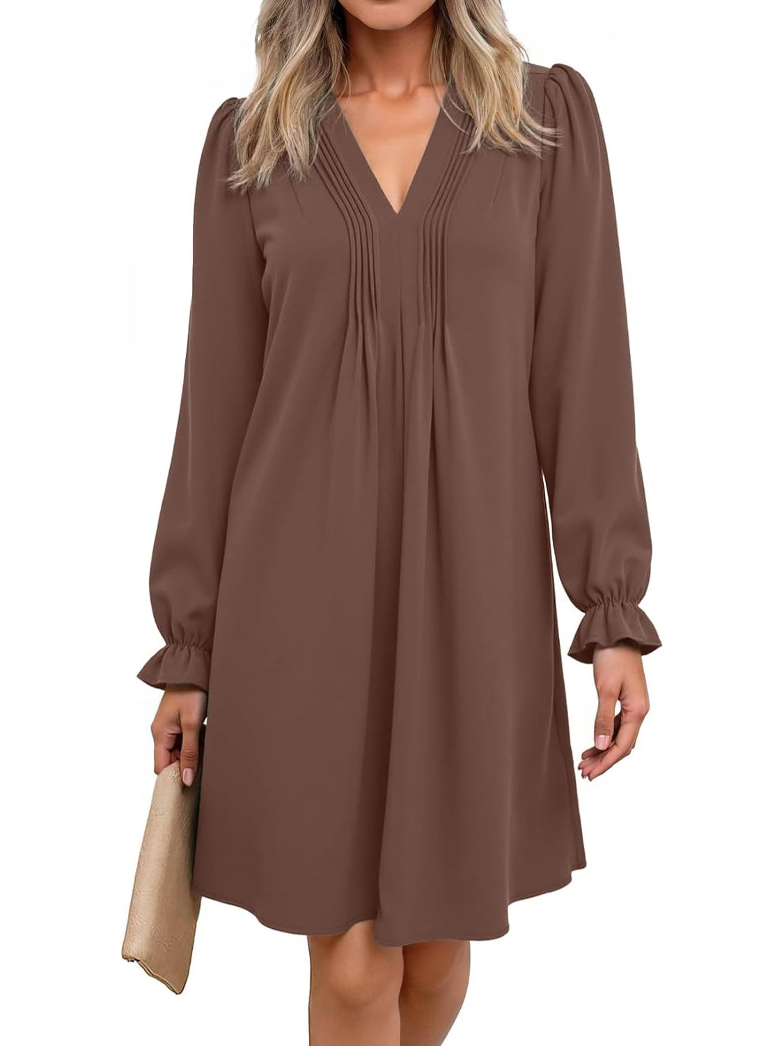 Women's V Neck Long Sleeve Ruffle Classic Dress