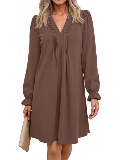 Women's V Neck Long Sleeve Ruffle Classic Dress