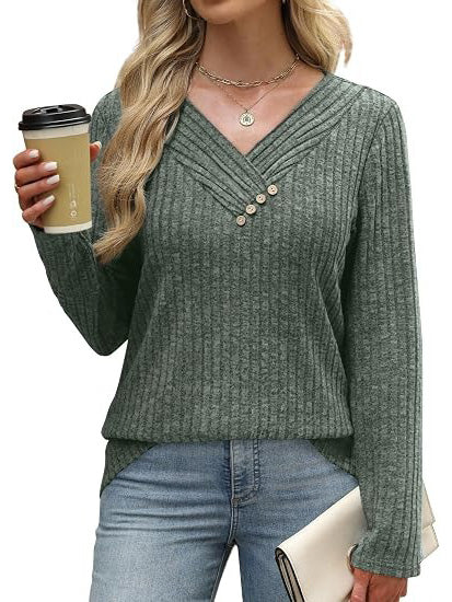 Women's Ribbed V‑Neck Decorative Button Fall Top