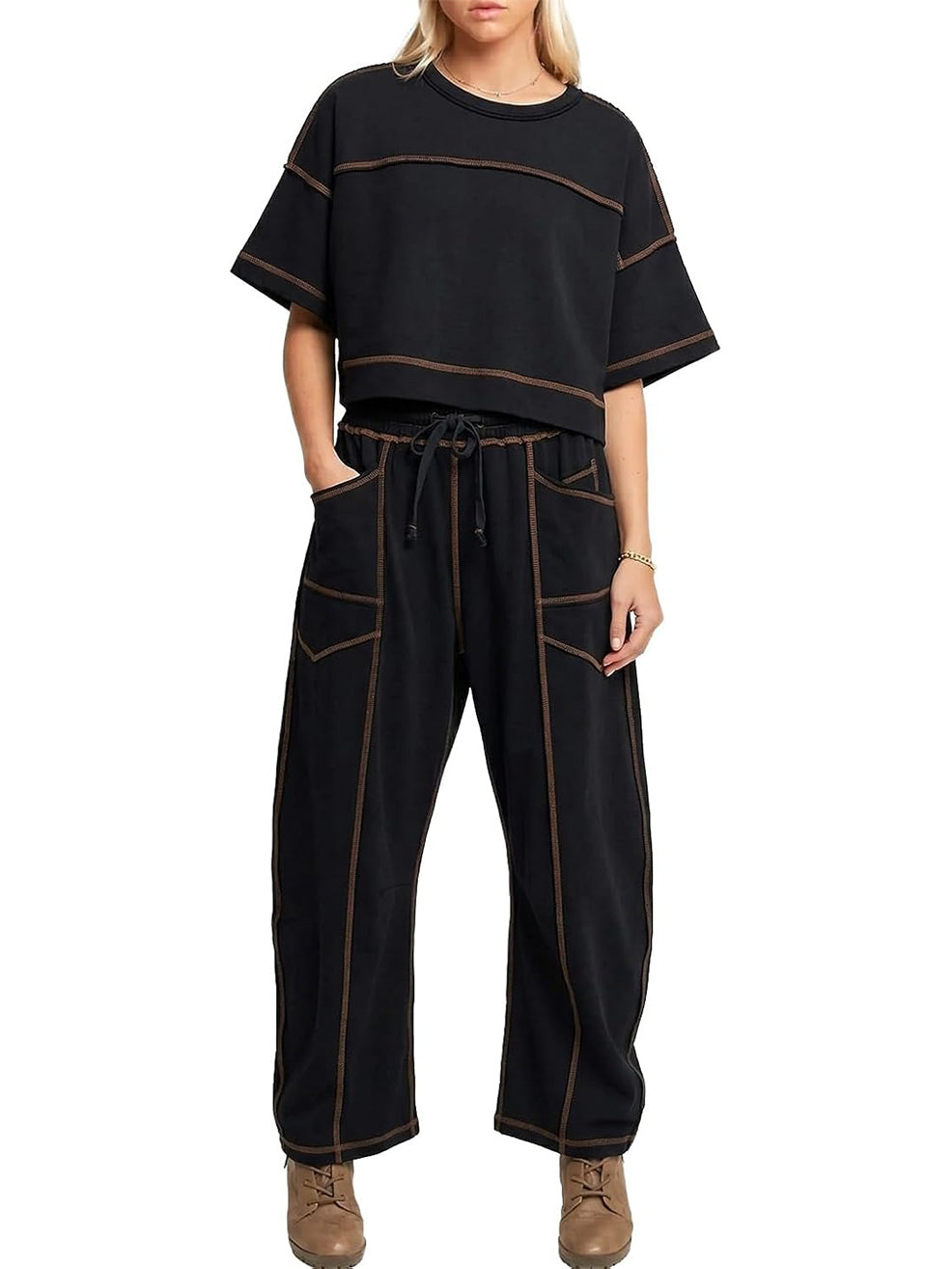 Women's Two Piece Sweatsuit Set with Cropped Top and Wide Leg Pants