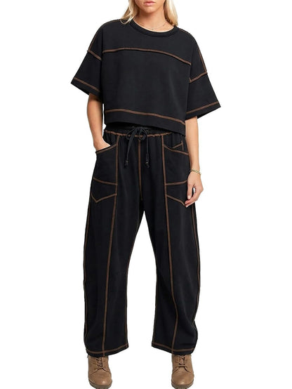 Women's Two Piece Sweatsuit Set with Cropped Top and Wide Leg Pants