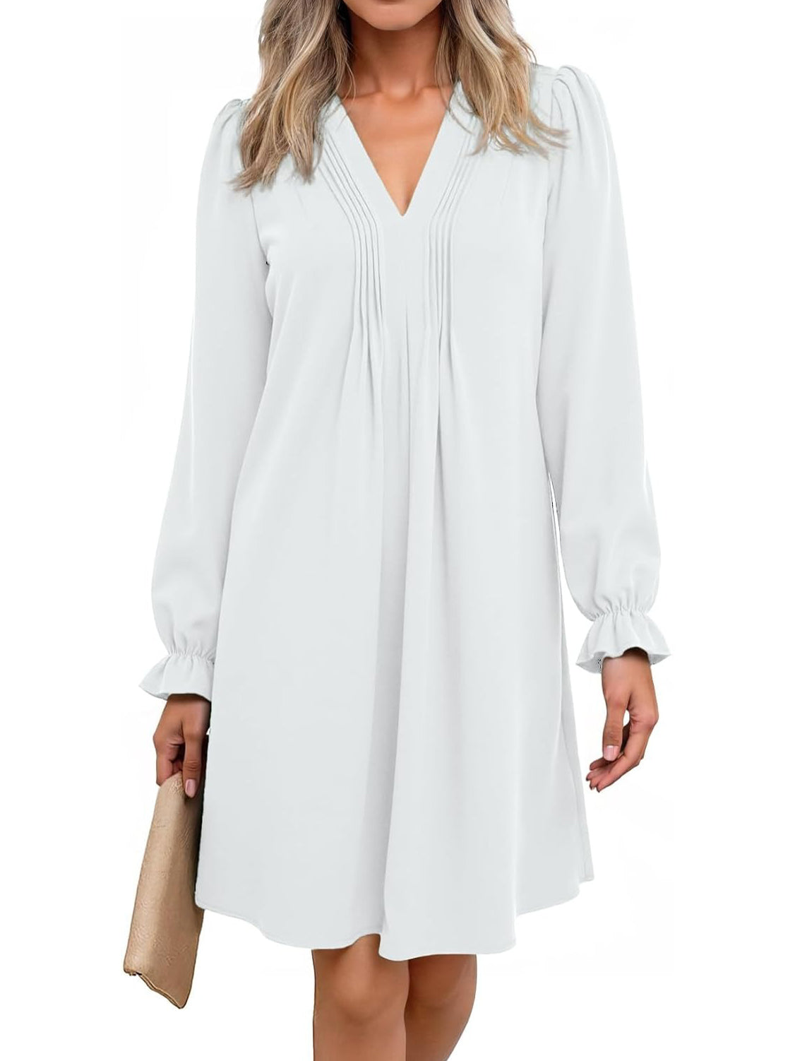 Women's V Neck Long Sleeve Ruffle Classic Dress