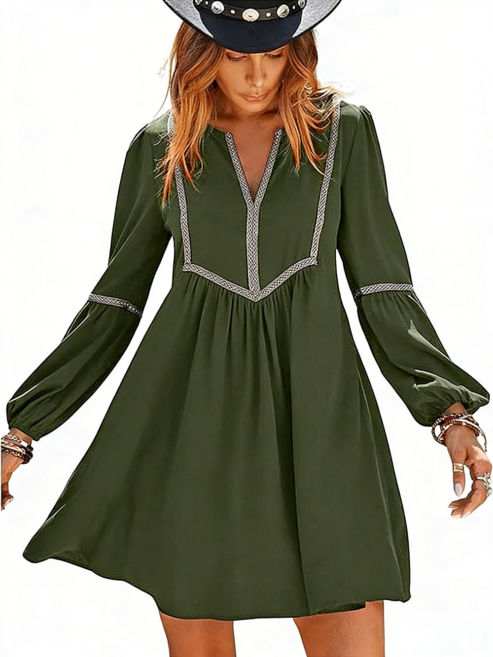 Women's Ruched Notched Long Sleeve Mini Dress