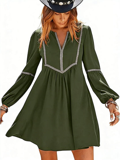 Women's Ruched Notched Long Sleeve Mini Dress